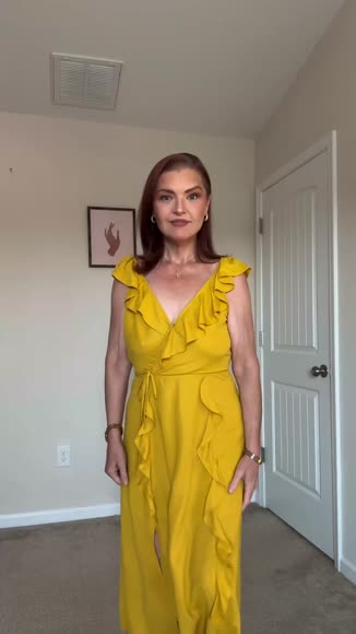 Video review of Shop at Konus Women's Ruffle Trim Wrapped Maxi Dress in Mustard  by 677ea81614fd561d6d837c0f